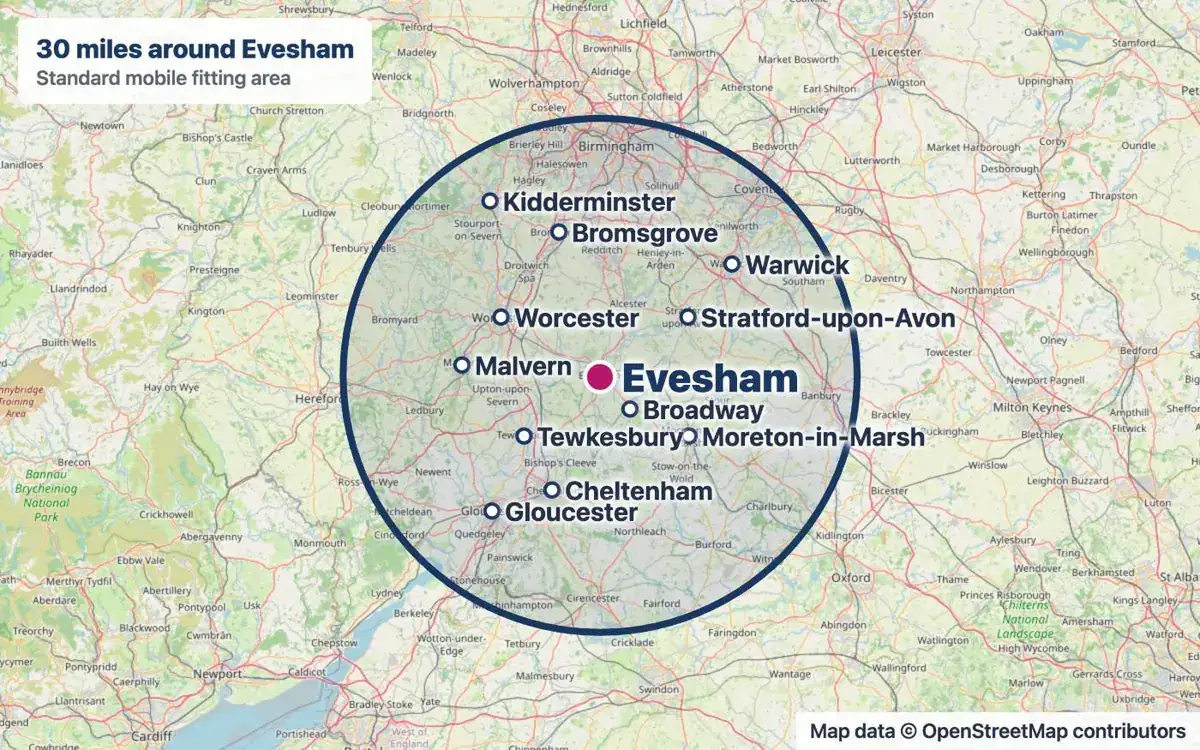 Map of the fitting area: a 30-mile radius around Evesham