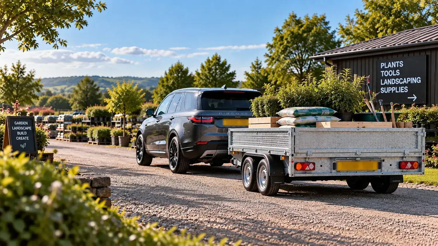 A utility trailer loaded with garden supplies