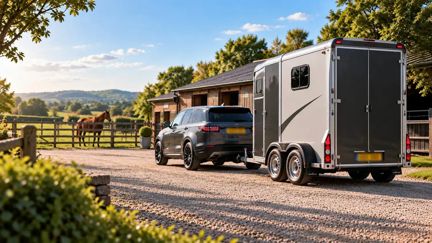 A horse trailer on tow at a yard