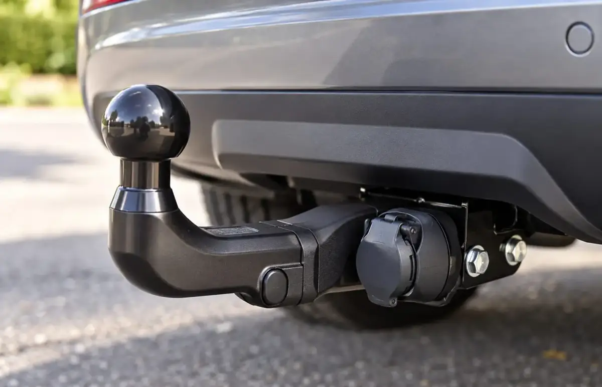 A fitted swan-neck towball and 13-pin socket under a rear bumper